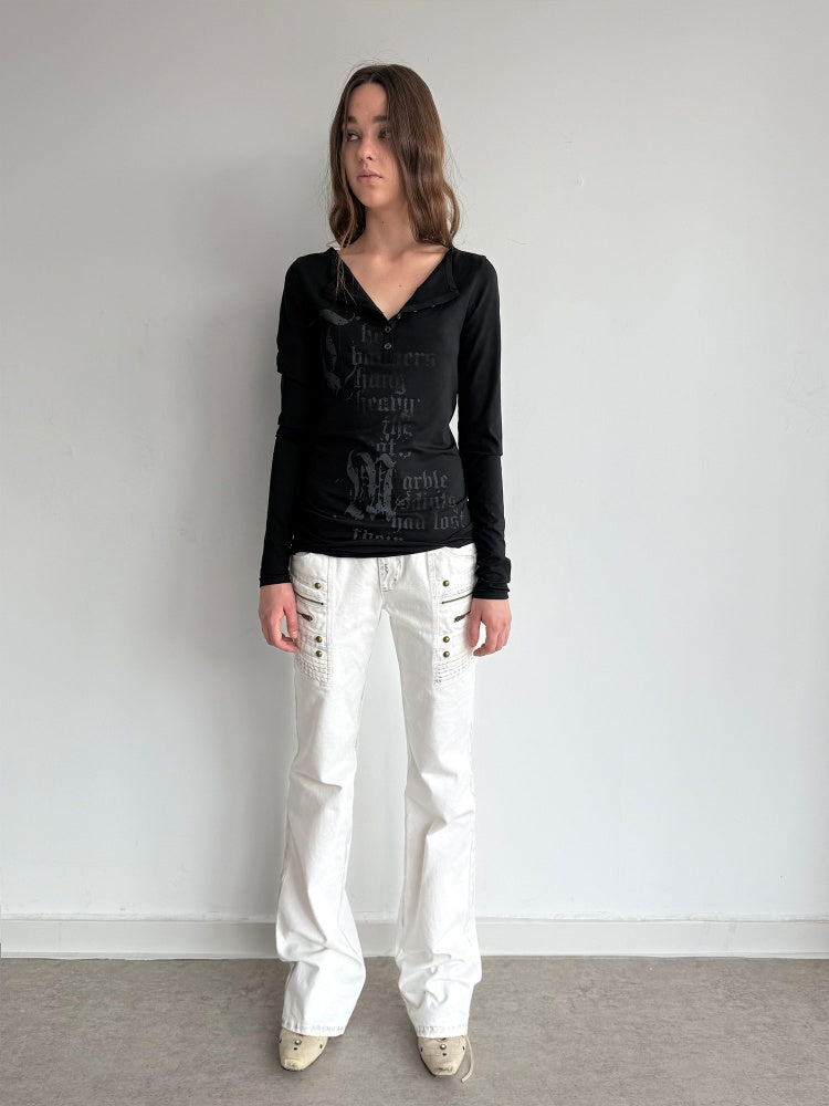 Straight-Leg Slightly Flared Low-Rise Millennium 3D Stitching Distressed Jeans【s0000018394】