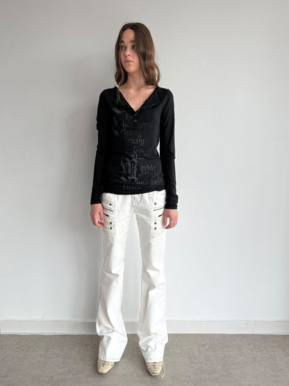 Straight-Leg Slightly Flared Low-Rise Millennium 3D Stitching Distressed Jeans【s0000018394】