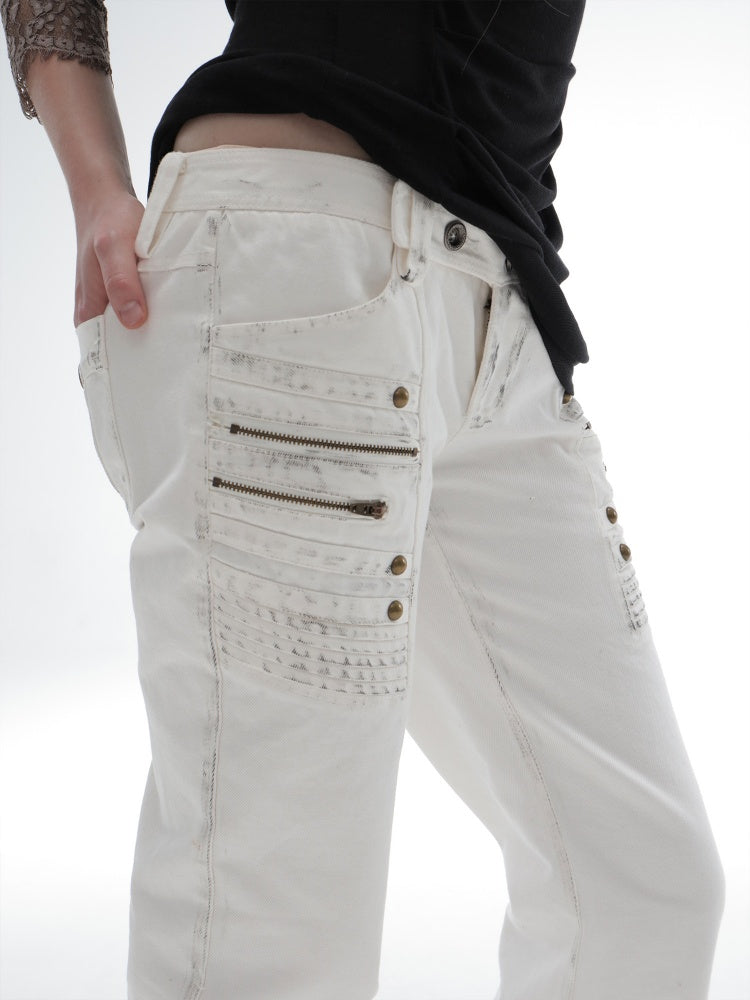 Straight-Leg Slightly Flared Low-Rise Millennium 3D Stitching Distressed Jeans【s0000018394】