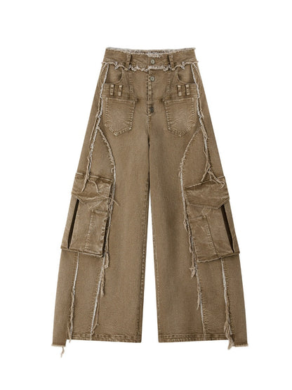 Vintage Washed Patchwork Pocket Wide-Leg Jeans【s0000018395】