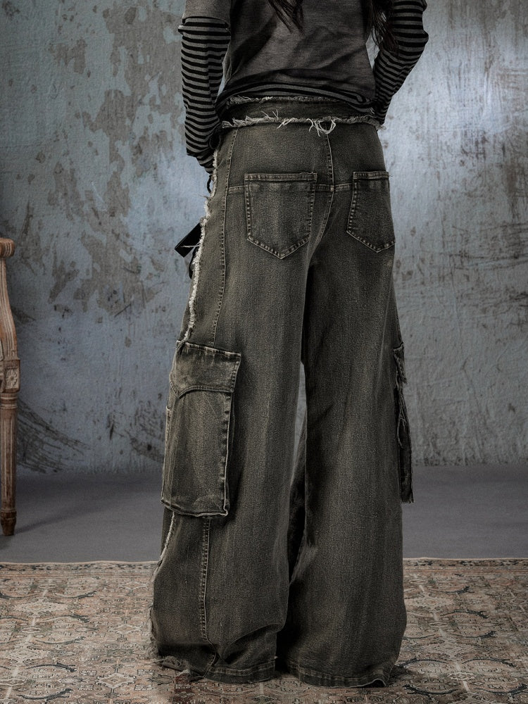 Vintage Washed Patchwork Pocket Wide-Leg Jeans【s0000018395】