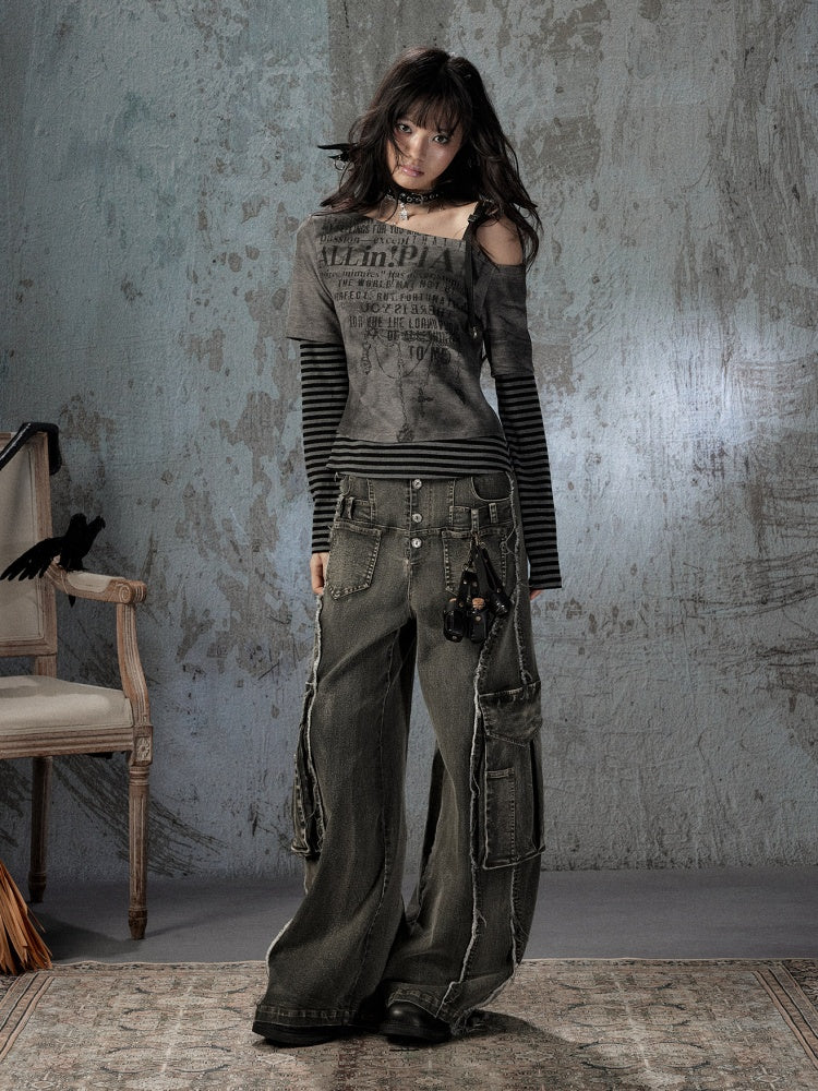 Vintage Washed Patchwork Pocket Wide-Leg Jeans【s0000018395】