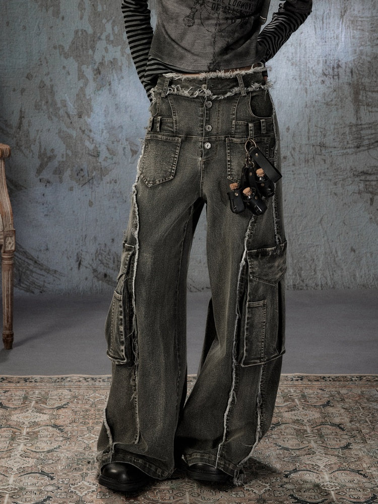 Vintage Washed Patchwork Pocket Wide-Leg Jeans【s0000018395】