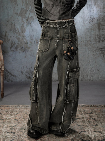 Vintage Washed Patchwork Pocket Wide-Leg Jeans【s0000018395】