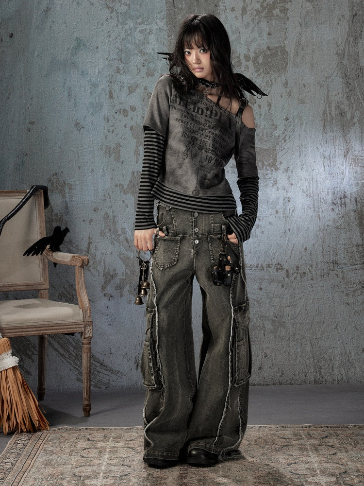 Vintage Washed Patchwork Pocket Wide-Leg Jeans【s0000018395】
