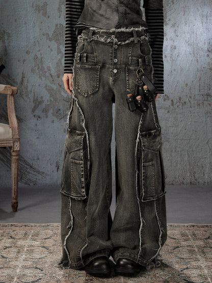 Vintage Washed Patchwork Pocket Wide-Leg Jeans【s0000018395】