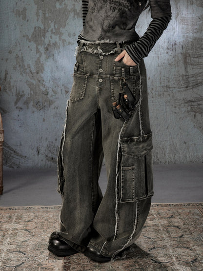 Vintage Washed Patchwork Pocket Wide-Leg Jeans【s0000018395】