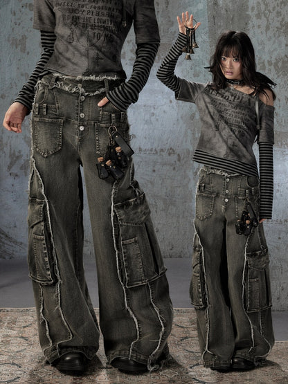 Vintage Washed Patchwork Pocket Wide-Leg Jeans【s0000018395】