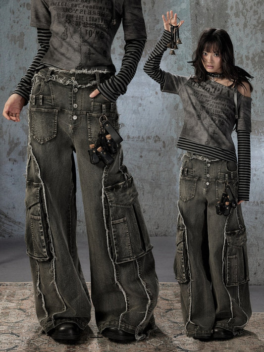 Vintage Washed Patchwork Pocket Wide-Leg Jeans【s0000018395】