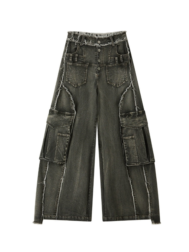 Vintage Washed Patchwork Pocket Wide-Leg Jeans【s0000018395】