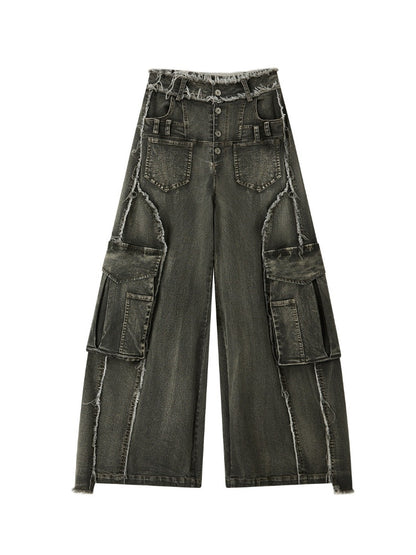 Vintage Washed Patchwork Pocket Wide-Leg Jeans【s0000018395】