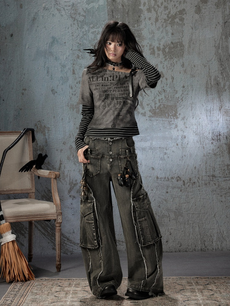 Vintage Washed Patchwork Pocket Wide-Leg Jeans【s0000018395】