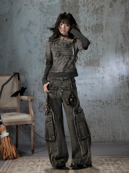 Vintage Washed Patchwork Pocket Wide-Leg Jeans【s0000018395】