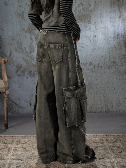 Vintage Washed Patchwork Pocket Wide-Leg Jeans【s0000018395】