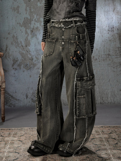 Vintage Washed Patchwork Pocket Wide-Leg Jeans【s0000018395】