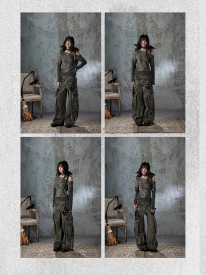 Vintage Washed Patchwork Pocket Wide-Leg Jeans【s0000018395】