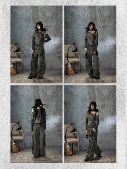 Vintage Washed Patchwork Pocket Wide-Leg Jeans【s0000018395】