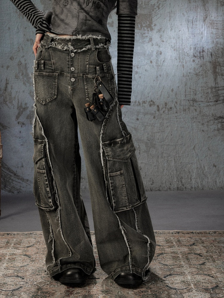 Vintage Washed Patchwork Pocket Wide-Leg Jeans【s0000018395】