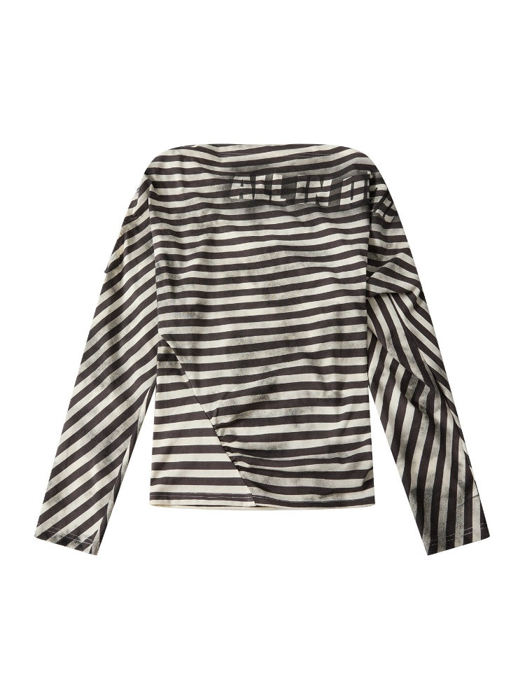 Asymmetric Striped Off-Shoulder  Bat Long Sleeve Cinched Waist T-Shirt【s0000018396】