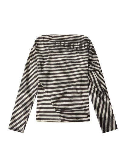 Asymmetric Striped Off-Shoulder  Bat Long Sleeve Cinched Waist T-Shirt【s0000018396】
