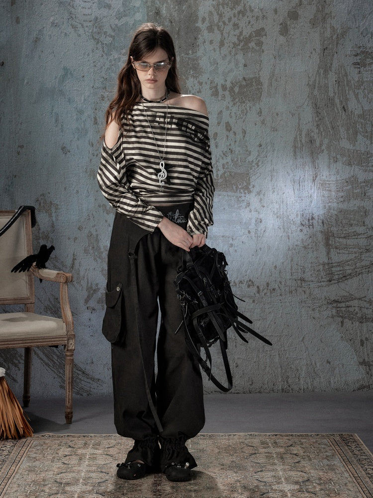Asymmetric Striped Off-Shoulder  Bat Long Sleeve Cinched Waist T-Shirt【s0000018396】