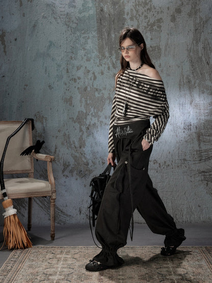 Asymmetric Striped Off-Shoulder  Bat Long Sleeve Cinched Waist T-Shirt【s0000018396】