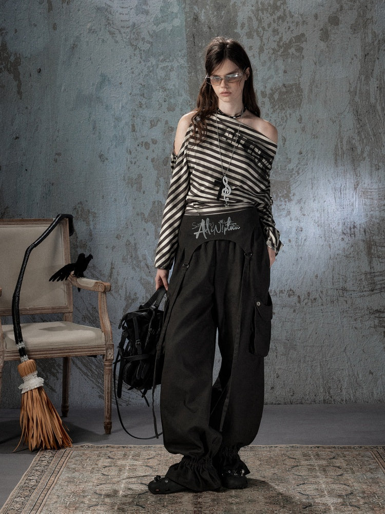 Asymmetric Striped Off-Shoulder  Bat Long Sleeve Cinched Waist T-Shirt【s0000018396】