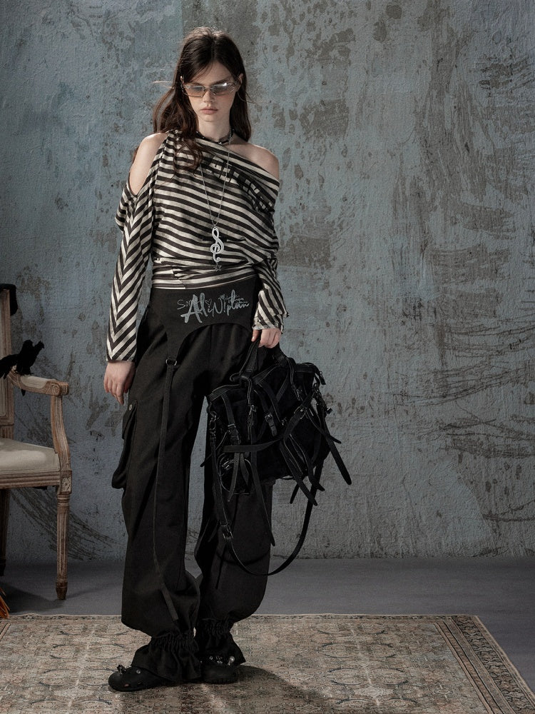 Asymmetric Striped Off-Shoulder  Bat Long Sleeve Cinched Waist T-Shirt【s0000018396】