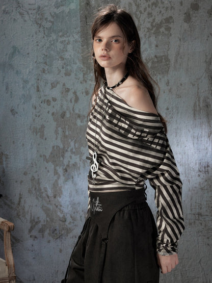 Asymmetric Striped Off-Shoulder  Bat Long Sleeve Cinched Waist T-Shirt【s0000018396】