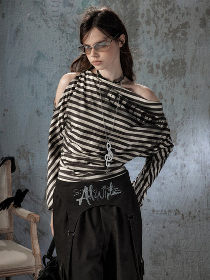 Asymmetric Striped Off-Shoulder  Bat Long Sleeve Cinched Waist T-Shirt【s0000018396】