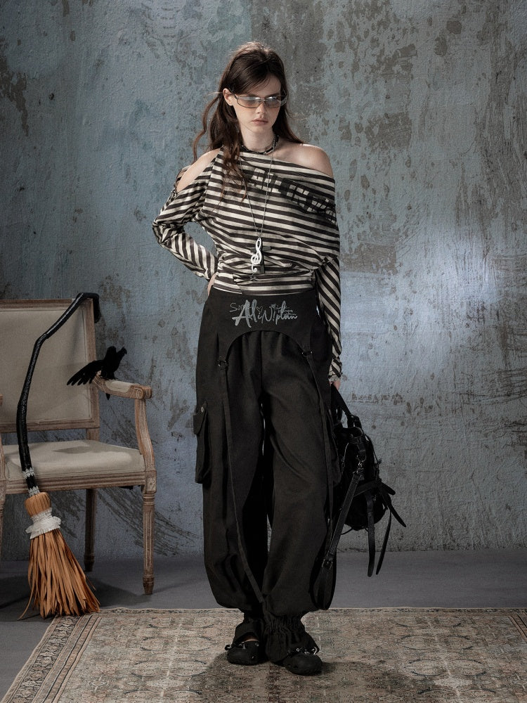 Asymmetric Striped Off-Shoulder  Bat Long Sleeve Cinched Waist T-Shirt【s0000018396】