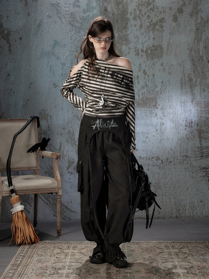 Asymmetric Striped Off-Shoulder  Bat Long Sleeve Cinched Waist T-Shirt【s0000018396】