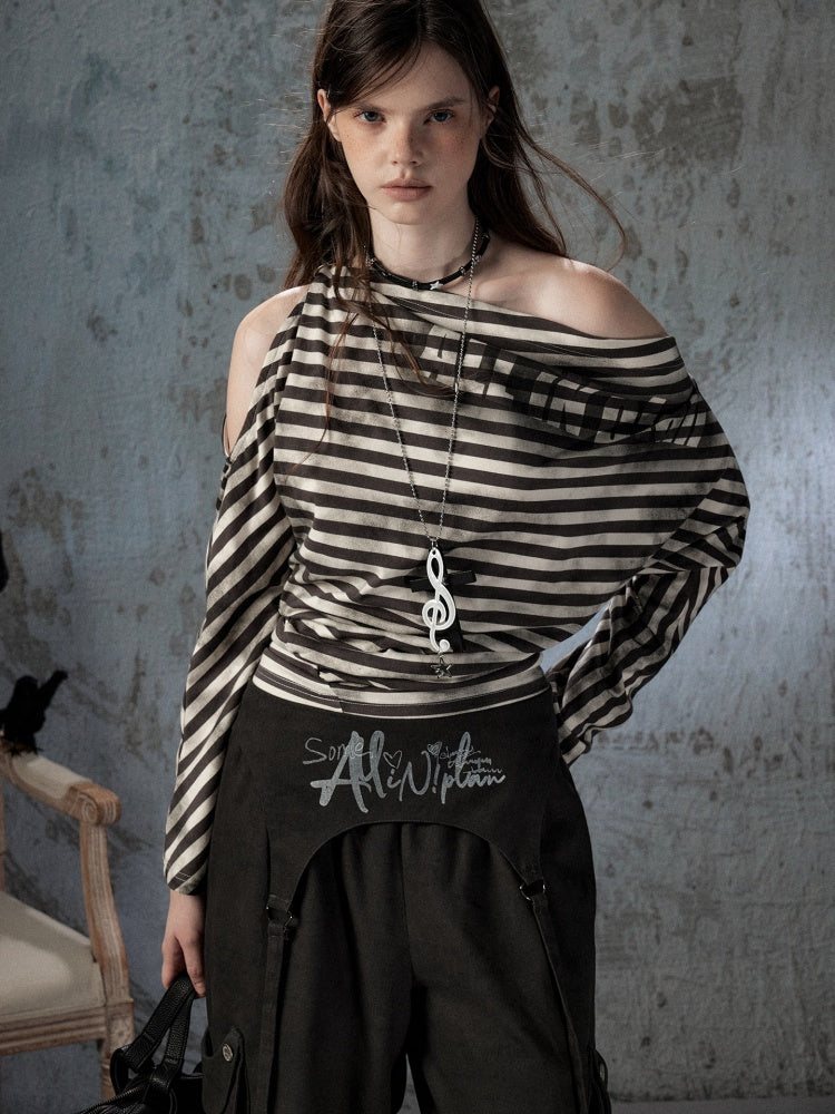Asymmetric Striped Off-Shoulder  Bat Long Sleeve Cinched Waist T-Shirt【s0000018396】