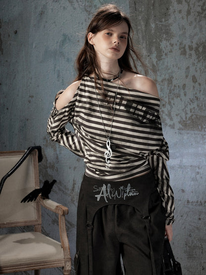 Asymmetric Striped Off-Shoulder  Bat Long Sleeve Cinched Waist T-Shirt【s0000018396】