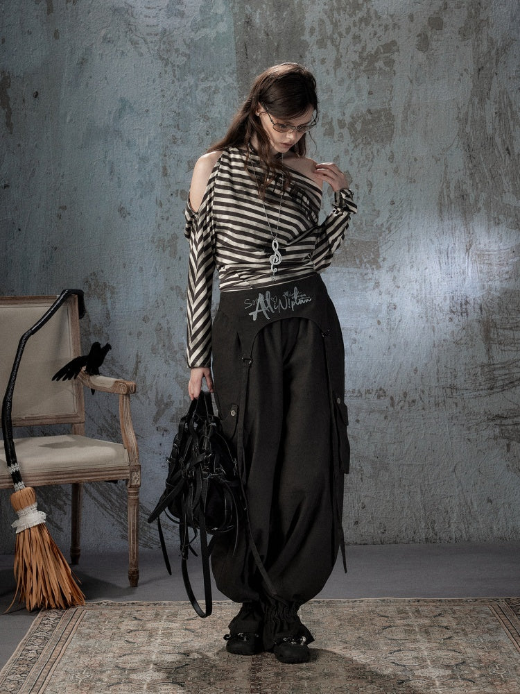 Asymmetric Striped Off-Shoulder  Bat Long Sleeve Cinched Waist T-Shirt【s0000018396】