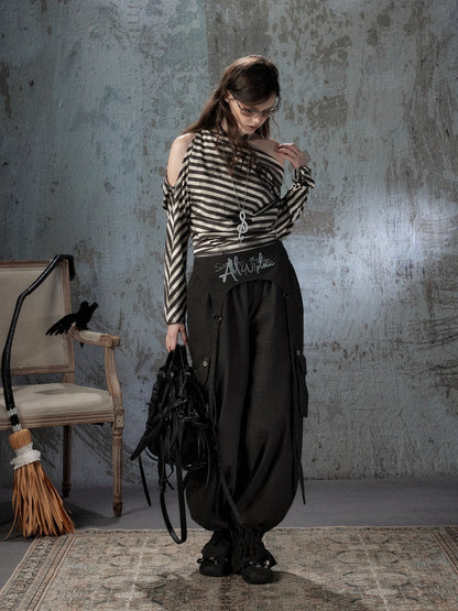 Asymmetric Striped Off-Shoulder  Bat Long Sleeve Cinched Waist T-Shirt【s0000018396】