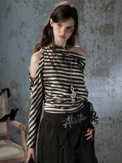 Asymmetric Striped Off-Shoulder  Bat Long Sleeve Cinched Waist T-Shirt【s0000018396】
