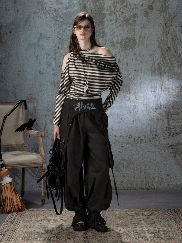 Asymmetric Striped Off-Shoulder  Bat Long Sleeve Cinched Waist T-Shirt【s0000018396】