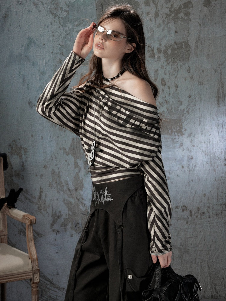 Asymmetric Striped Off-Shoulder  Bat Long Sleeve Cinched Waist T-Shirt【s0000018396】