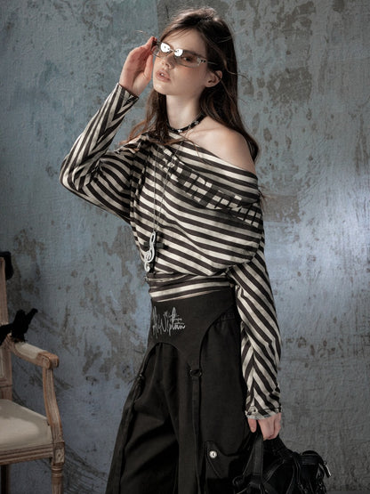 Asymmetric Striped Off-Shoulder  Bat Long Sleeve Cinched Waist T-Shirt【s0000018396】