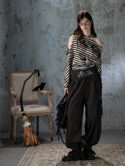 Asymmetric Striped Off-Shoulder  Bat Long Sleeve Cinched Waist T-Shirt【s0000018396】