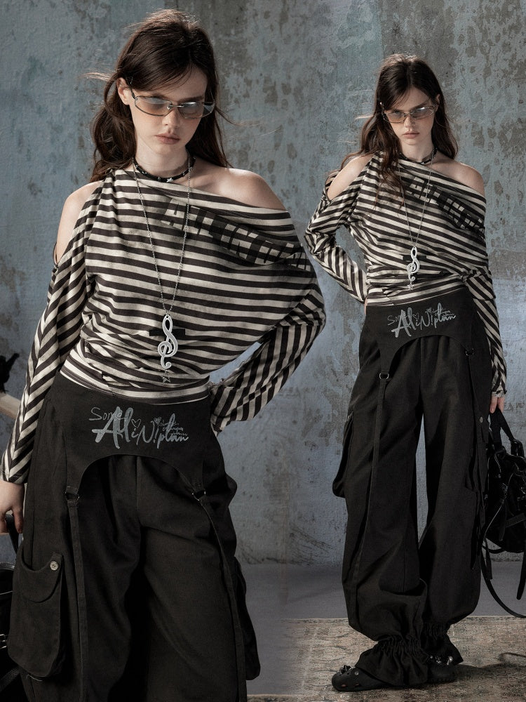 Asymmetric Striped Off-Shoulder  Bat Long Sleeve Cinched Waist T-Shirt【s0000018396】