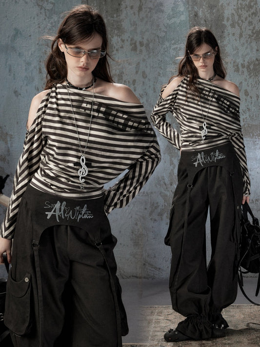 Asymmetric Striped Off-Shoulder  Bat Long Sleeve Cinched Waist T-Shirt【s0000018396】
