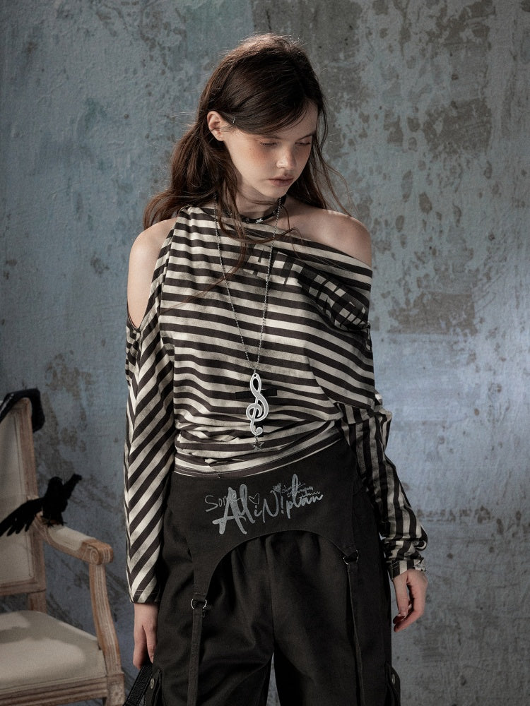Asymmetric Striped Off-Shoulder  Bat Long Sleeve Cinched Waist T-Shirt【s0000018396】