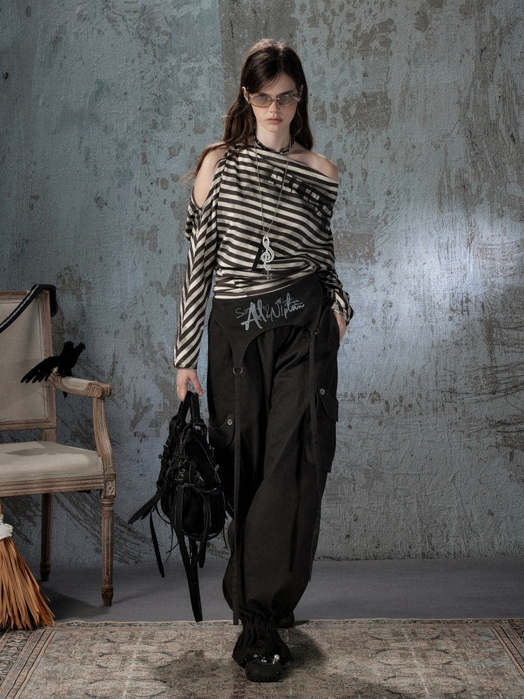 Asymmetric Striped Off-Shoulder  Bat Long Sleeve Cinched Waist T-Shirt【s0000018396】