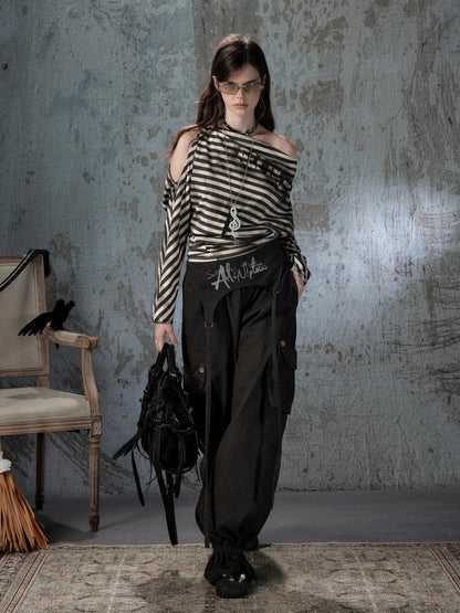 Asymmetric Striped Off-Shoulder  Bat Long Sleeve Cinched Waist T-Shirt【s0000018396】