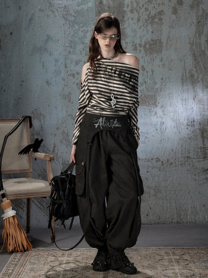 Asymmetric Striped Off-Shoulder  Bat Long Sleeve Cinched Waist T-Shirt【s0000018396】