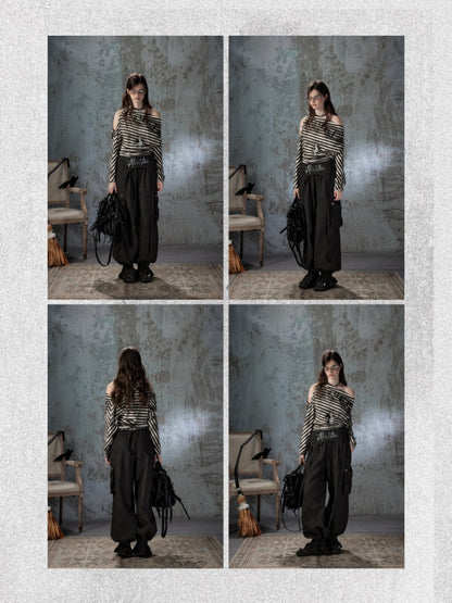 Asymmetric Striped Off-Shoulder  Bat Long Sleeve Cinched Waist T-Shirt【s0000018396】