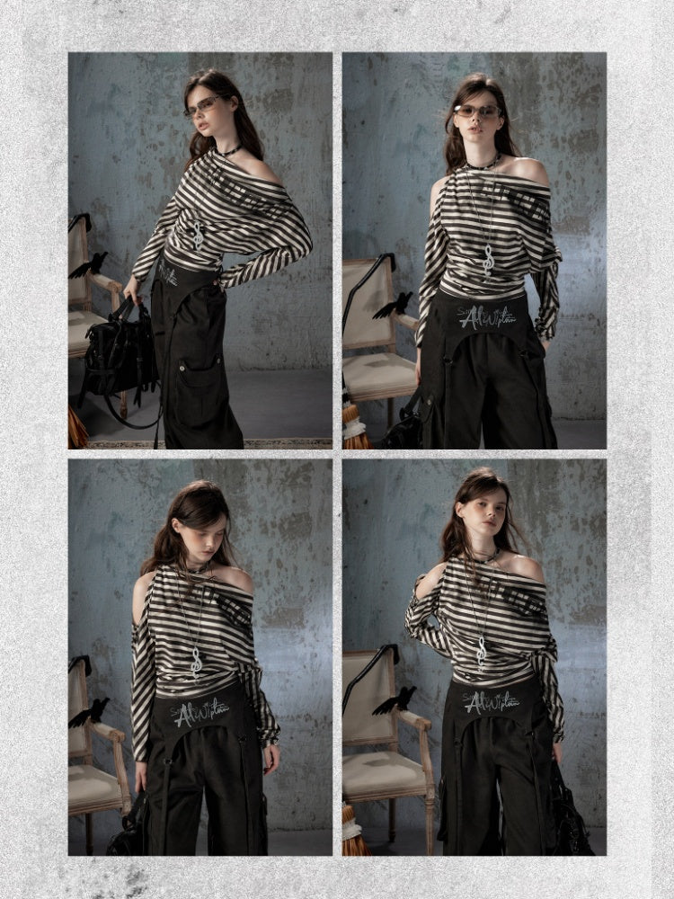 Asymmetric Striped Off-Shoulder  Bat Long Sleeve Cinched Waist T-Shirt【s0000018396】