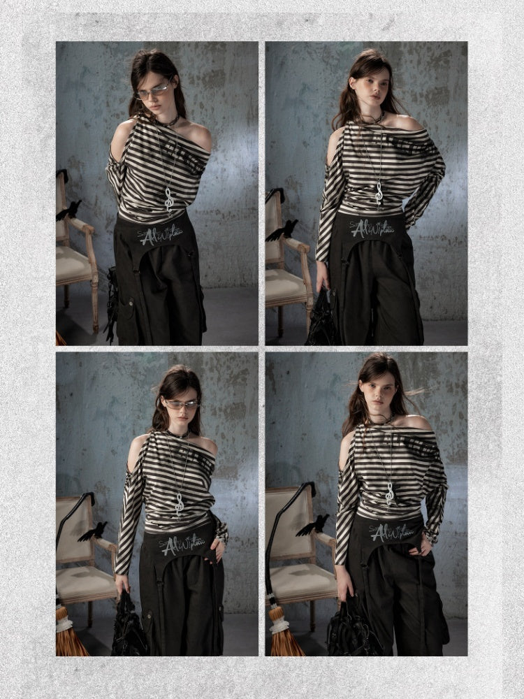 Asymmetric Striped Off-Shoulder  Bat Long Sleeve Cinched Waist T-Shirt【s0000018396】